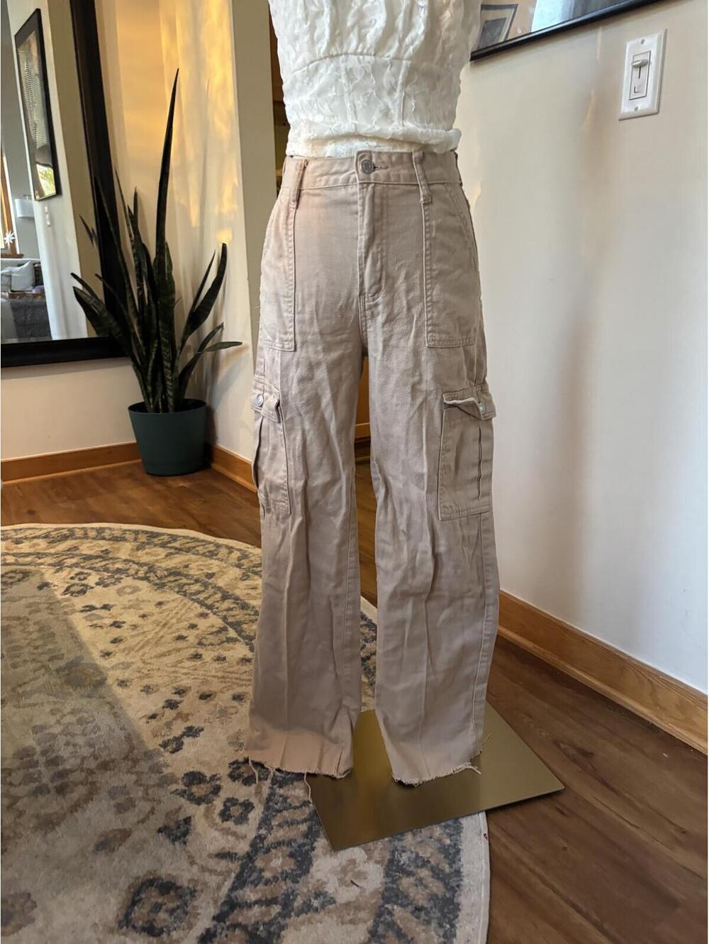Y2K Beige Cargo Pants Wide Leg Utility Low Rise Carpenter Pants 0/24